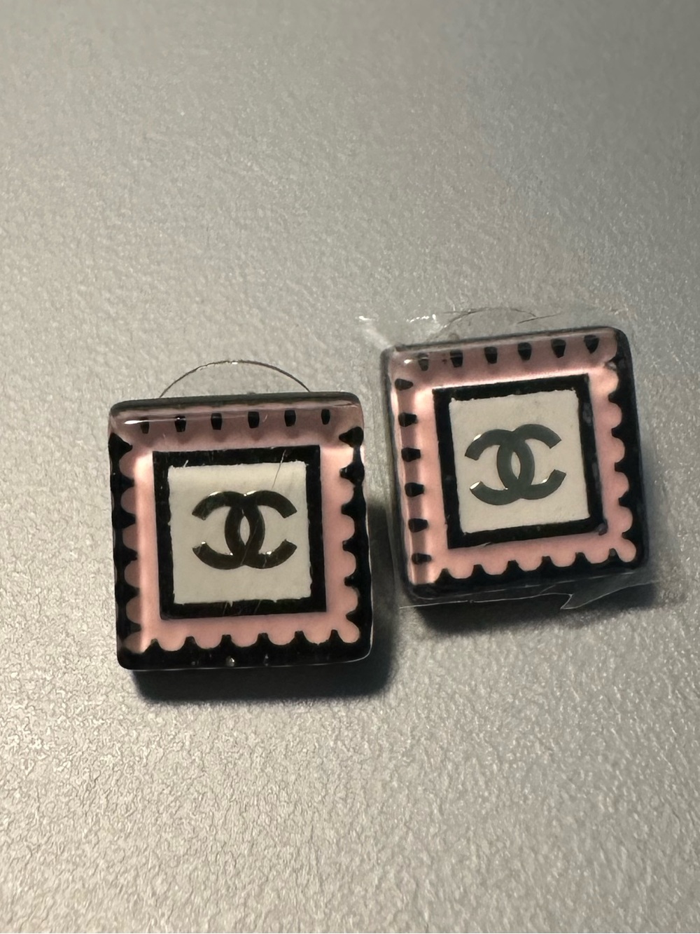 CC pink square earrings